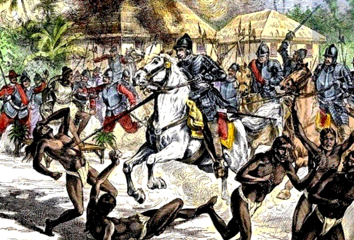 Войны конкистадоров, битва у Мабилы, Эрнандо де Сото против вождя Таскалуза, испанский меч против томагавка.